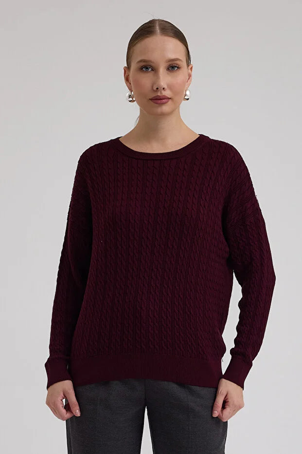 Kayık Yaka Selanik Saç Örgü Salaş Kazak