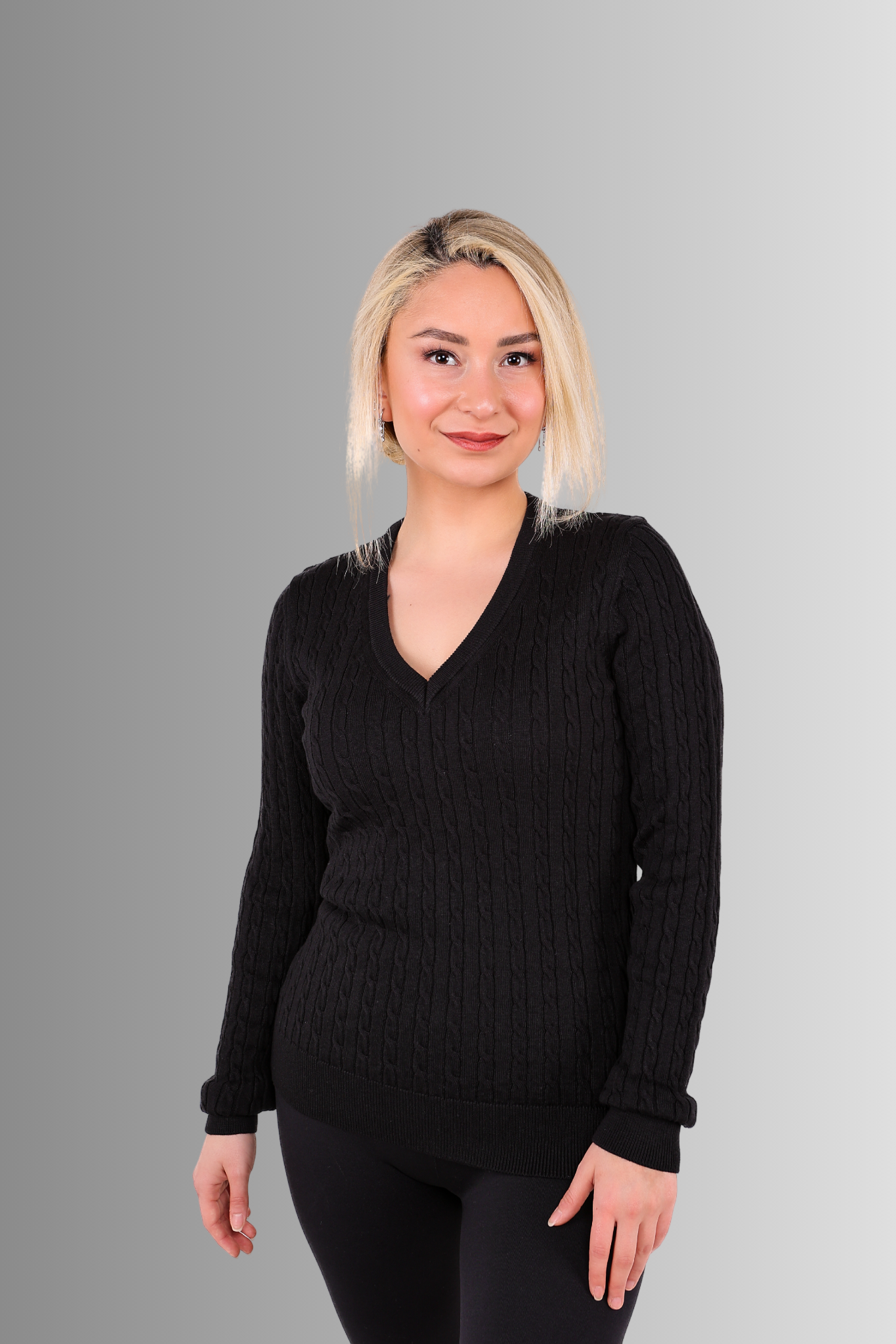 V Yaka Saç Örgülü Kazak