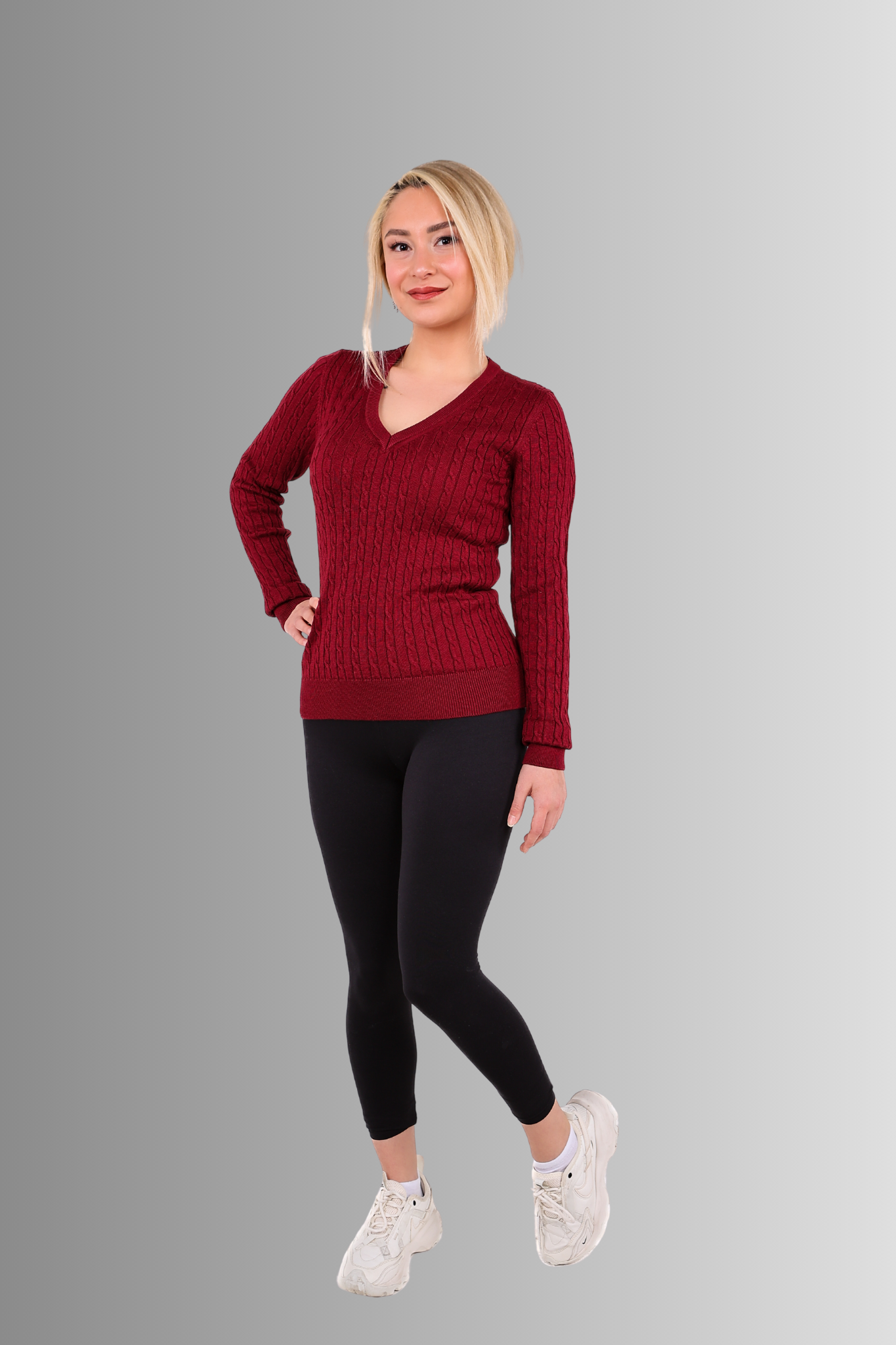 V Yaka Saç Örgülü Kazak