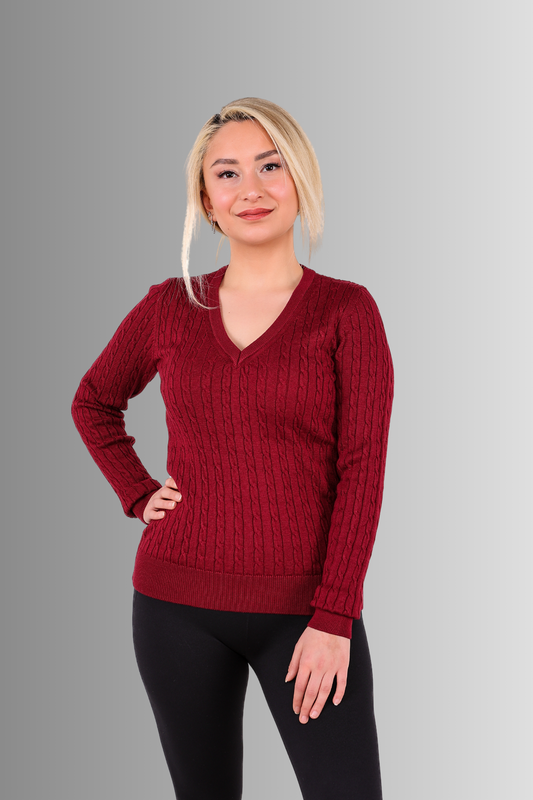 V Yaka Saç Örgülü Kazak