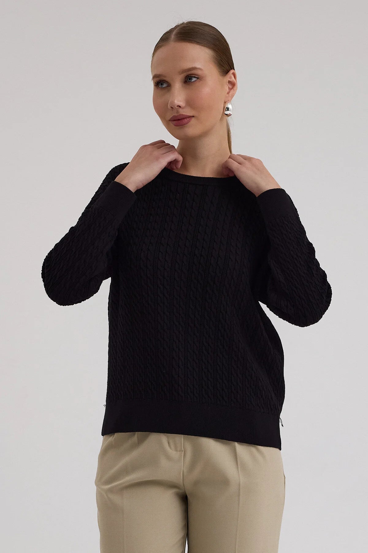 Kayık Yaka Selanik Saç Örgü Salaş Kazak