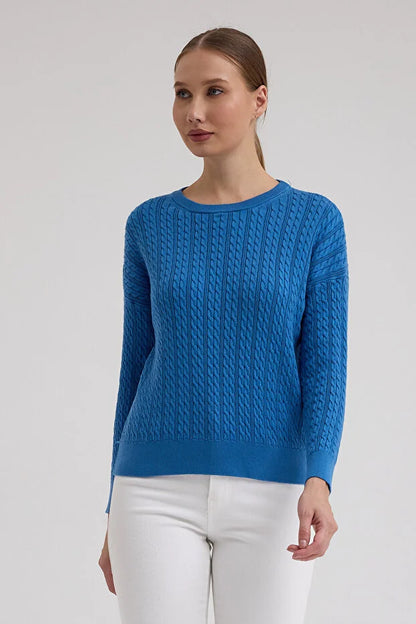 Kayık Yaka Selanik Saç Örgü Salaş Kazak