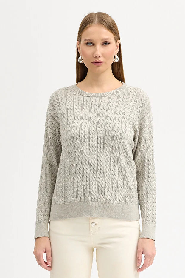 Kayık Yaka Selanik Saç Örgü Salaş Kazak